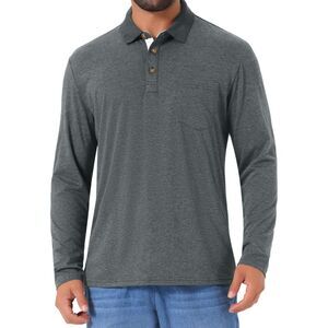 Contrast Button Collared Pocket Long Sleeves Golf Polo T-Shirts Dark Gray